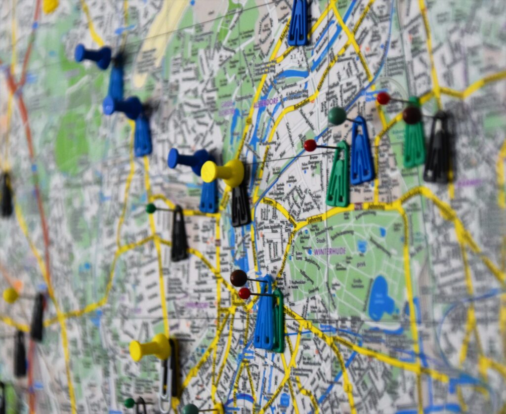 city map with pins on it