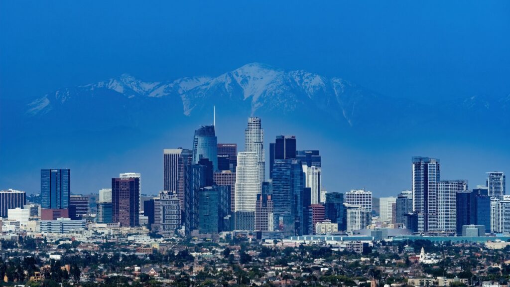 Downtown Los Angeles with LA mountains in background