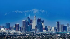 Downtown Los Angeles with LA mountains in background
