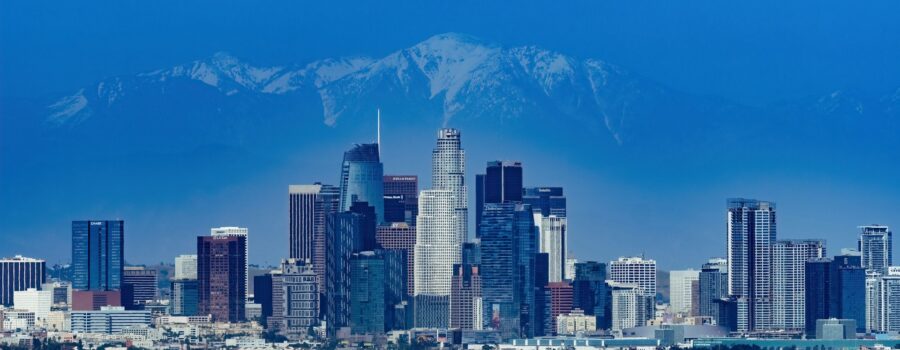 Downtown Los Angeles with LA mountains in background
