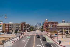Shot of a street between buildings looking at downtown Los Angeles