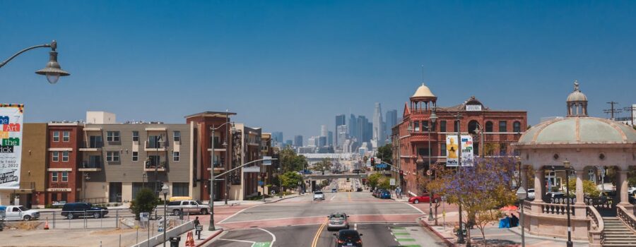 Shot of a street between buildings looking at downtown Los Angeles