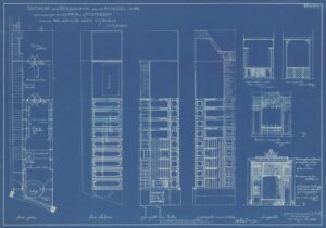 Architectural blueprint showing building dimensions and setbacks