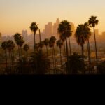 Los Angeles skyline at sunset with palm trees representing California real estate development