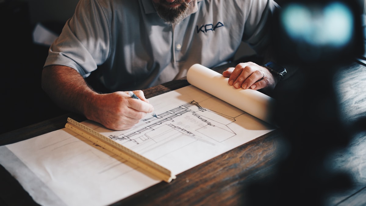 Architect drafting plans for a California real estate development project on blueprint paper