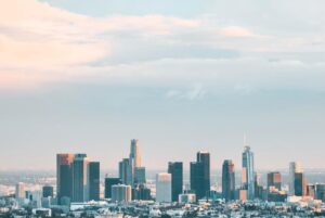 Downtown Los Angeles skyline at dusk, representing the city's development and entitlement landscape