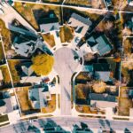 Aerial view of a residential neighborhood with single-family homes