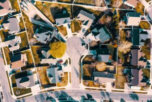 Aerial view of a residential neighborhood with single-family homes