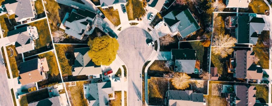 Aerial view of a residential neighborhood with single-family homes