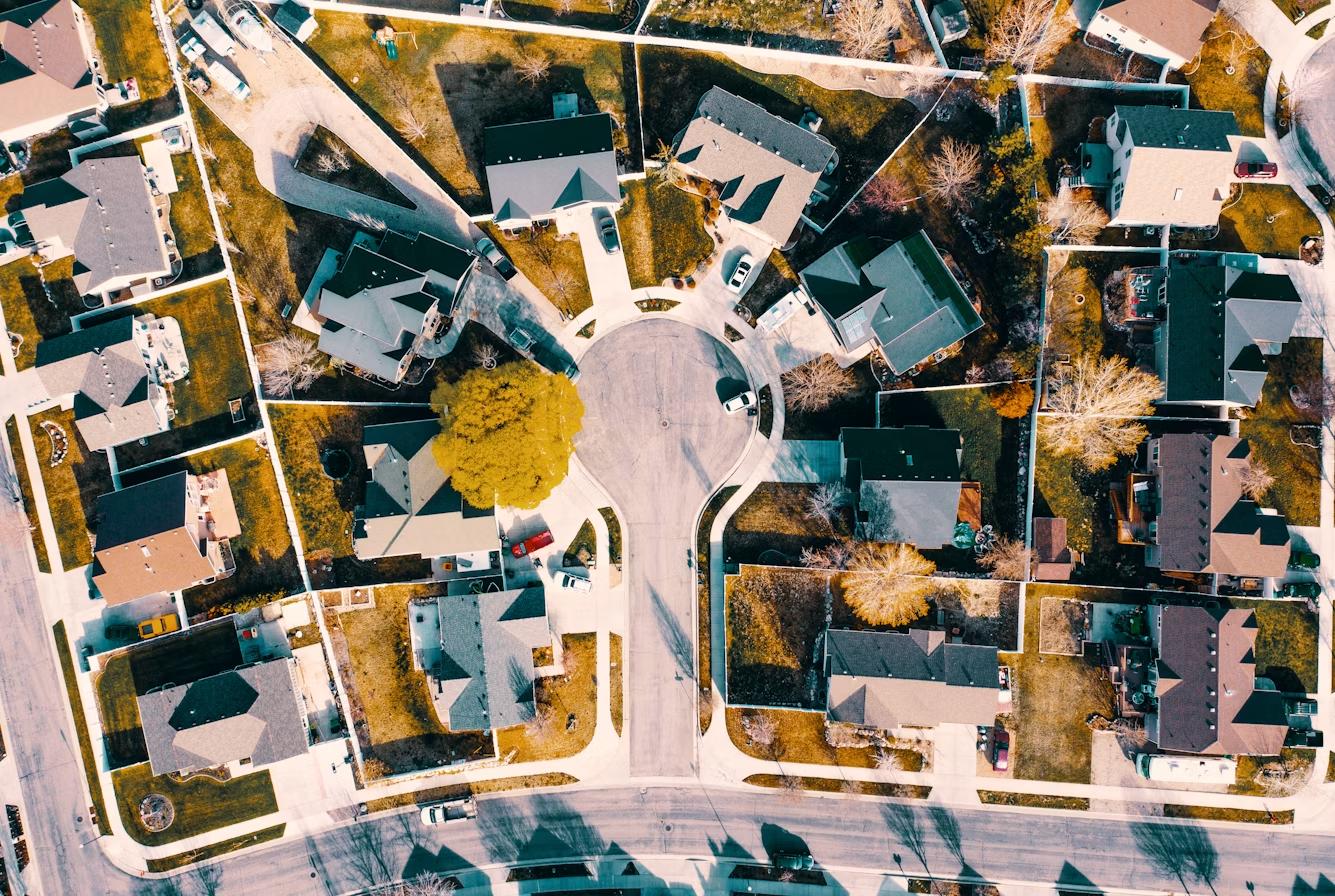 Aerial view of a residential neighborhood with single-family homes